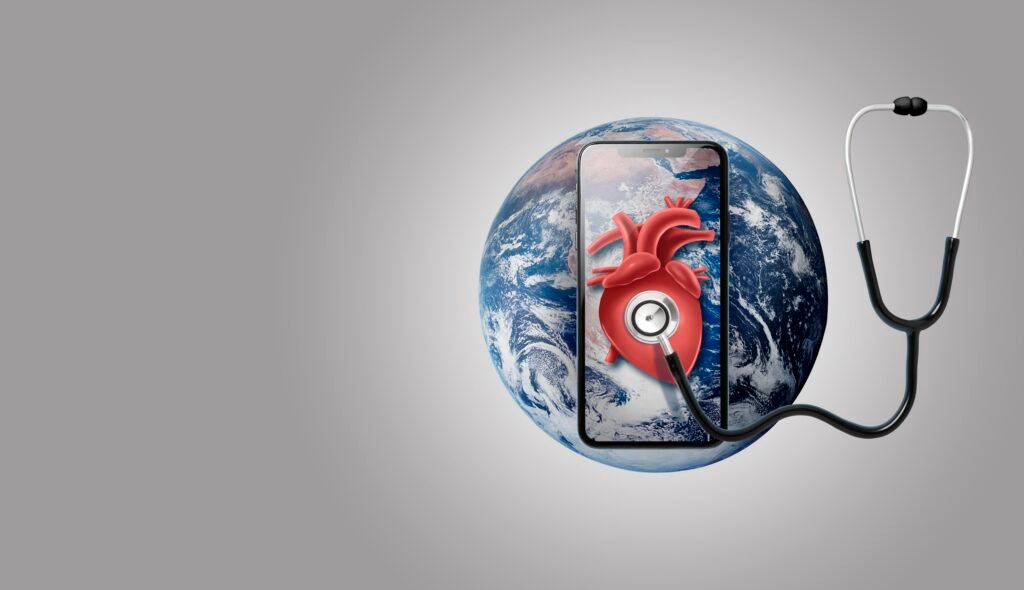 تواصل مع الدكتور وليد اسماعيل 1 smartphone earth with stethoscope heart