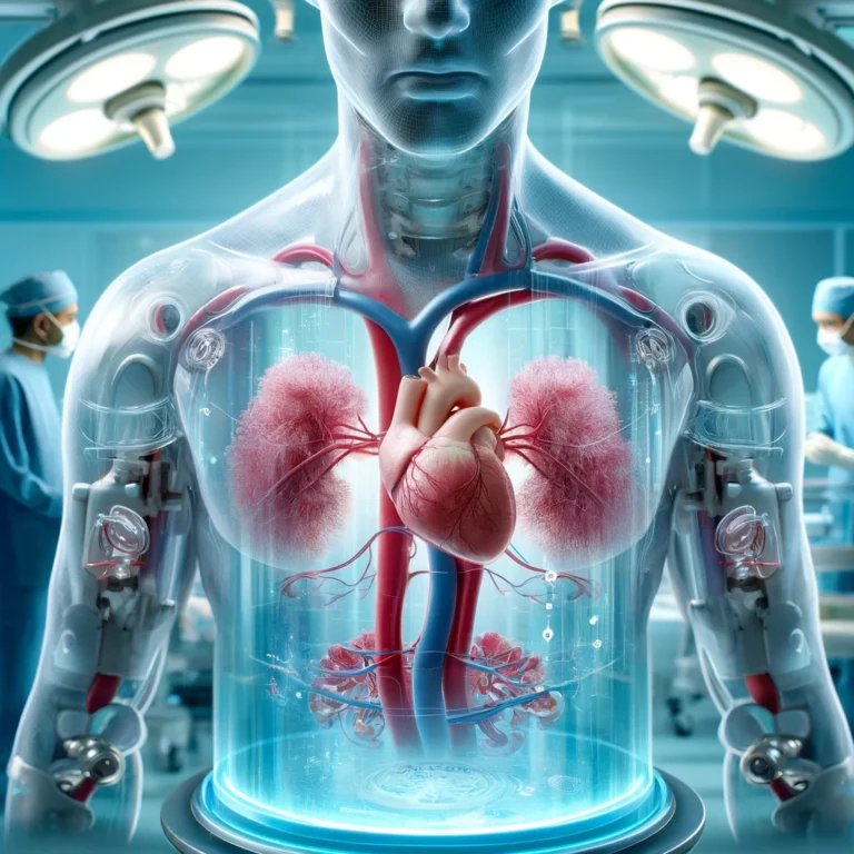 DALL·E 2024 05 05 17.39.01 A conceptual image representing xenotransplantation showing a human chest transparently revealing a pig heart inside. The pig heart is connected to h