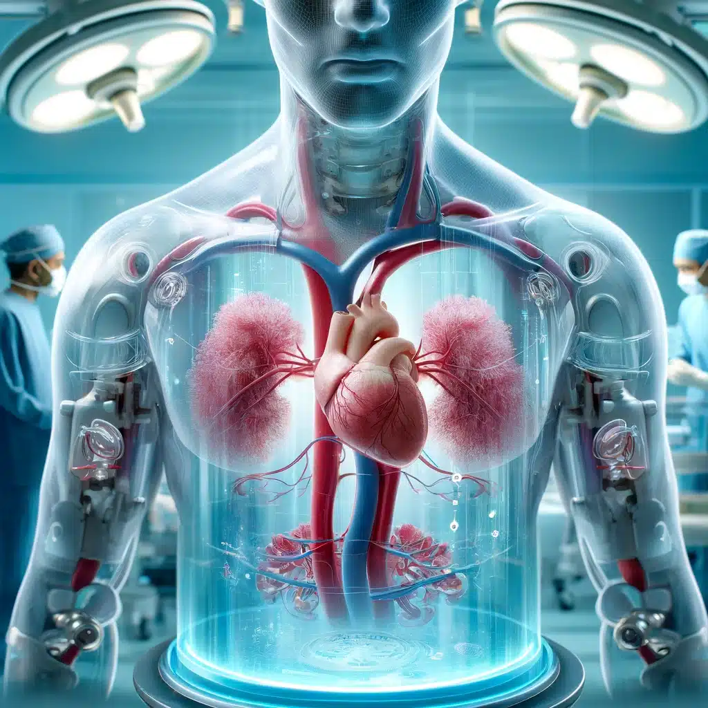 DALL·E 2024 05 05 17.39.01 A conceptual image representing xenotransplantation showing a human chest transparently revealing a pig heart inside. The pig heart is connected to h
