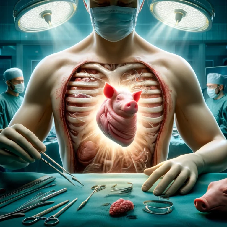 DALL·E 2024 05 05 17.41.10 A conceptual medical illustration representing xenotransplantation specifically focusing on the transplantation of a pig heart into a human. The imag