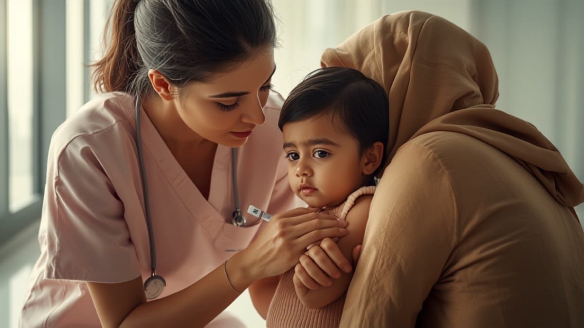 ممرضة تعطي طفلاً تطعيمًا بينما يطمئنه أحد الوالدين