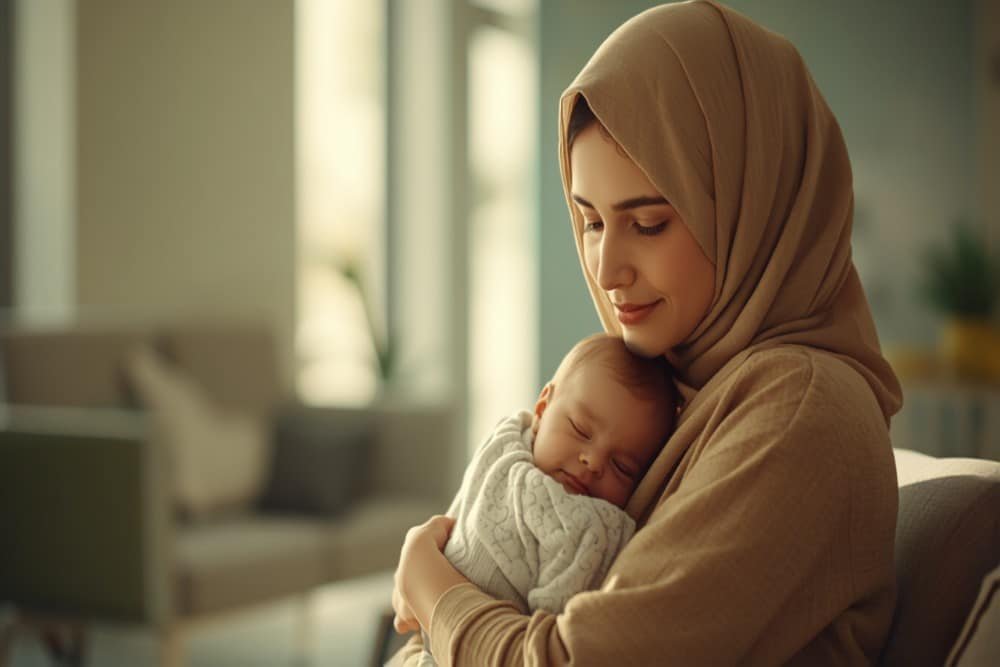 أم تحمل رضيعًا هادئًا في العيادة