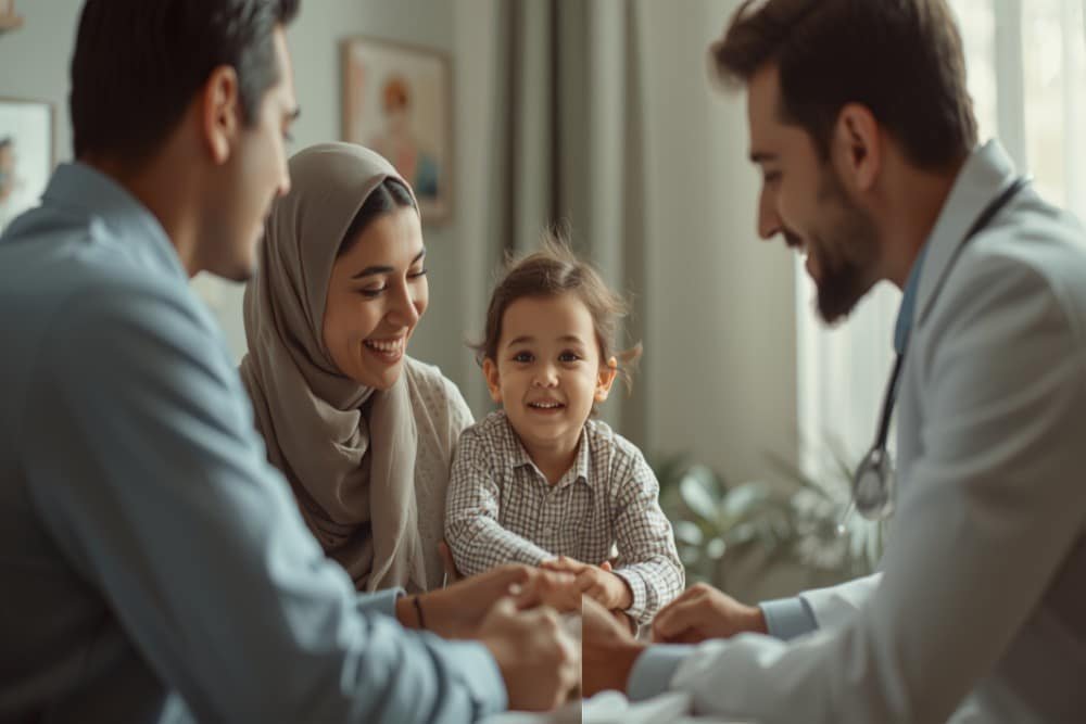 عائلة مع طفل سعيد في استشارة مع الطبيب