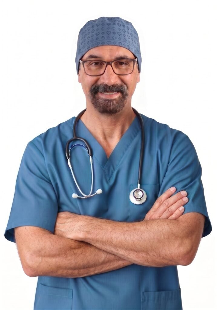 أ.د. وليد إسماعيل كامل، استشاري جراحة قلب الأطفال، بملابس غرفة العمليات